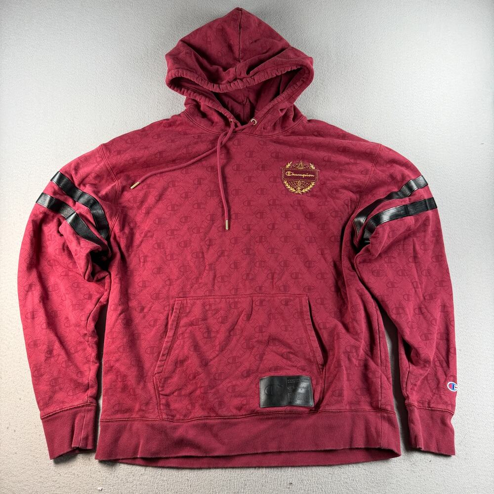 Champion Classic Fleece XL Burgundy All Over Logo Hoodie Leather Stripe Pullover
